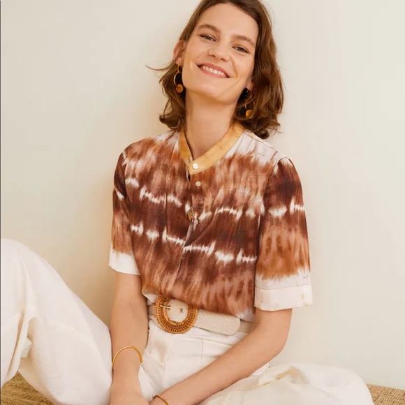 SOLD MANGO Tie-Dye Satin Round Collar Button Front Shirt Size S - Picture 5 of 16